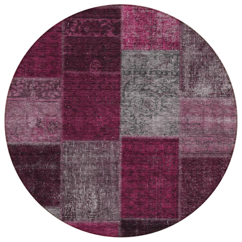 8' Merlot Burgundy And Gray Round Patchwork Washable Indoor Outdoor Area Rug