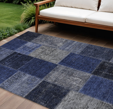 8' X 10' Navy Blue And Denim Blue Patchwork Washable Indoor Outdoor Area Rug