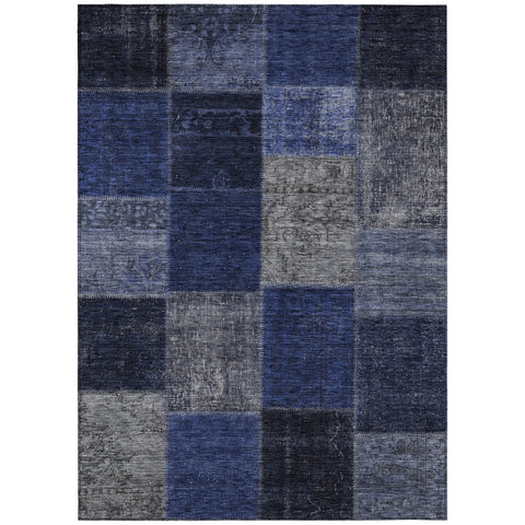 8' X 10' Navy Blue And Denim Blue Patchwork Washable Indoor Outdoor Area Rug