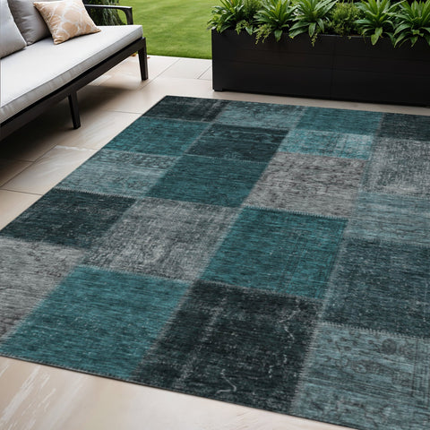 5' X 8' Teal Blue Aqua And Charcoal Patchwork Washable Indoor Outdoor Area Rug