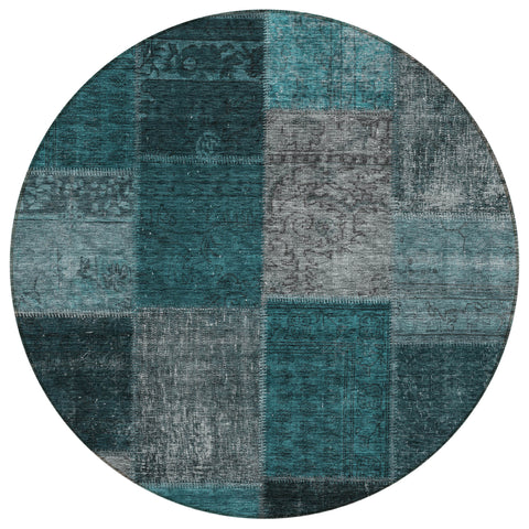 8' Teal Blue Aqua And Charcoal Round Patchwork Washable Indoor Outdoor Area Rug