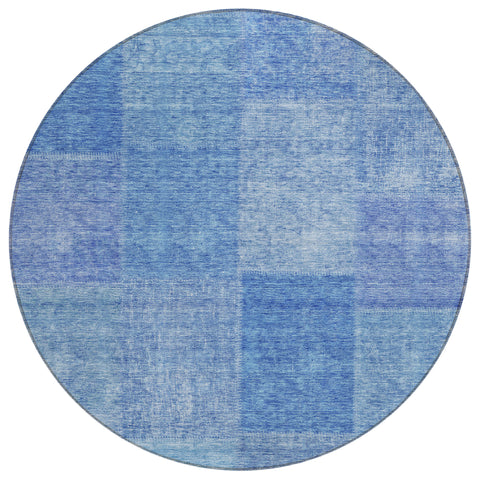 8' Denim Blue And Sky Blue Round Patchwork Washable Indoor Outdoor Area Rug