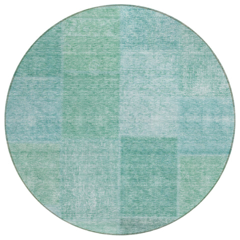 8' Teal Blue Sage And Green Round Patchwork Washable Indoor Outdoor Area Rug