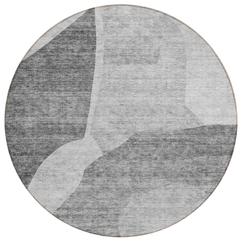 8' Silver Gray And Graphite Round Abstract Washable Indoor Outdoor Area Rug