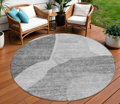 8' Silver Gray And Graphite Round Abstract Washable Indoor Outdoor Area Rug
