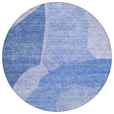 8' Navy Blue And Denim Blue Round Abstract Washable Indoor Outdoor Area Rug