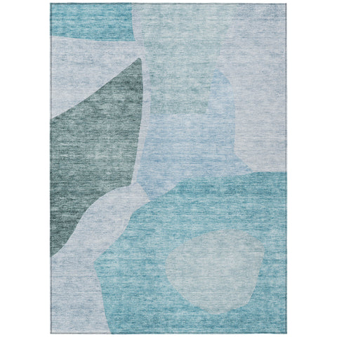 5' X 8' Teal Blue Artichoke Green And Blue Abstract Washable Indoor Outdoor Area Rug