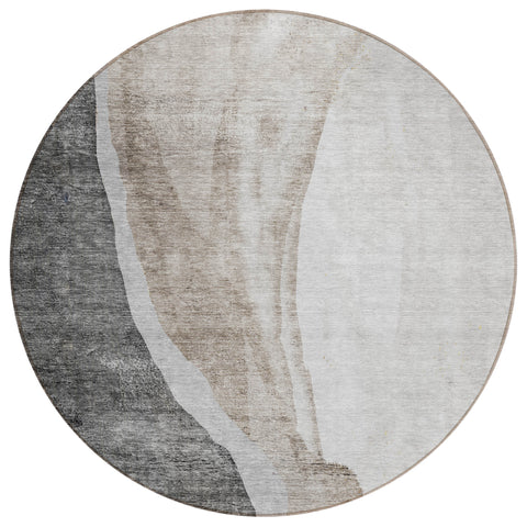 8' Charcoal Gray And Taupe Round Abstract Washable Indoor Outdoor Area Rug