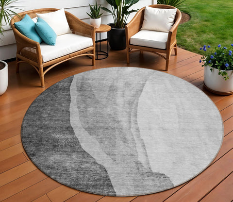 8' Gray Charcoal And Silver Round Abstract Washable Indoor Outdoor Area Rug