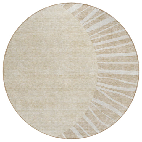 8' Beige And Khaki Round Abstract Washable Indoor Outdoor Area Rug