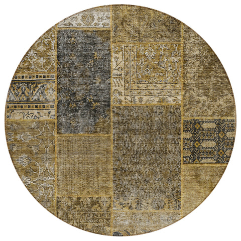 8' Brown Gray And Charcoal Round Patchwork Washable Indoor Outdoor Area Rug