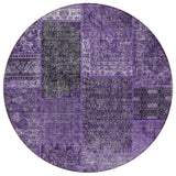 8' Eggplant Purple And Charcoal Round Patchwork Washable Indoor Outdoor Area Rug