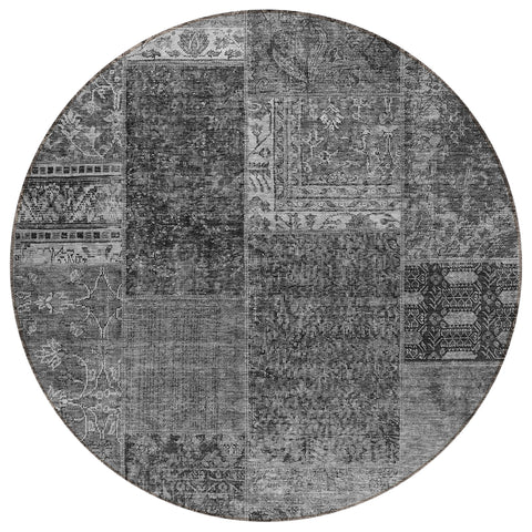 8' Gray Charcoal And Silver Round Patchwork Washable Indoor Outdoor Area Rug