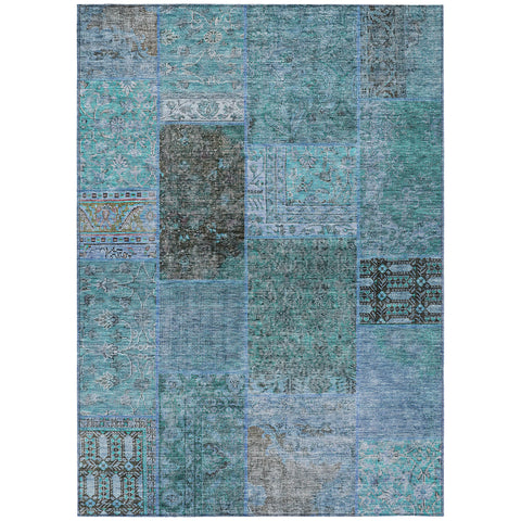 5' X 8' Teal Blue Aqua And Gray Patchwork Washable Indoor Outdoor Area Rug
