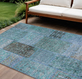 8' X 10' Teal Blue Aqua And Gray Patchwork Washable Indoor Outdoor Area Rug