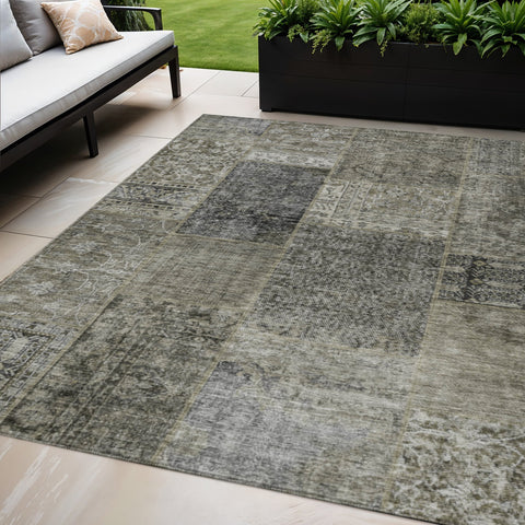 5' X 8' Taupe Brown And Charcoal Patchwork Washable Indoor Outdoor Area Rug