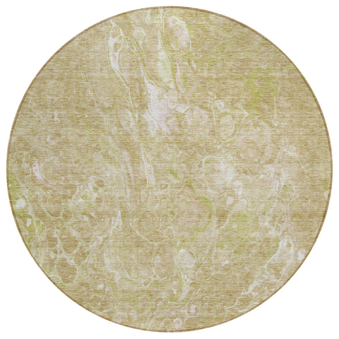 8' Beige Ivory And Artichoke Green Round Abstract Washable Indoor Outdoor Area Rug