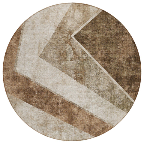 8' Brown And Beige Round Geometric Washable Indoor Outdoor Area Rug