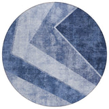 8' Navy Blue And Denim Blue Round Geometric Washable Indoor Outdoor Area Rug