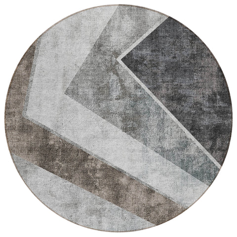 8' Gray Silver And Charcoal Round Geometric Washable Indoor Outdoor Area Rug