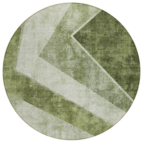 8' Olive Green And Artichoke Green Round Geometric Washable Indoor Outdoor Area Rug