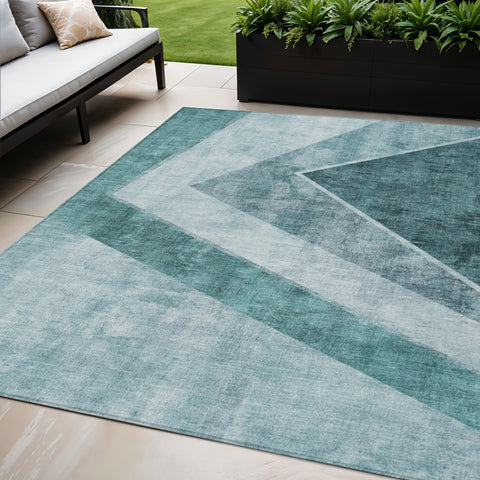 5' X 8' Teal Blue Aqua And Blue Geometric Washable Indoor Outdoor Area Rug