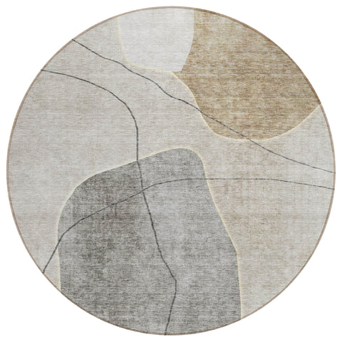 8' Beige Brown And Taupe Round Abstract Washable Indoor Outdoor Area Rug