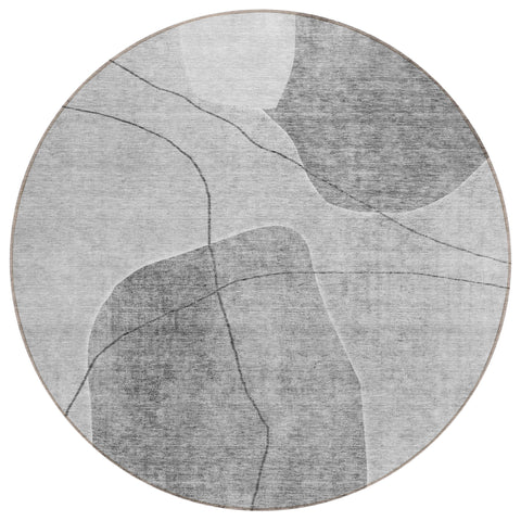 8' Gray Charcoal And Silver Round Abstract Washable Indoor Outdoor Area Rug