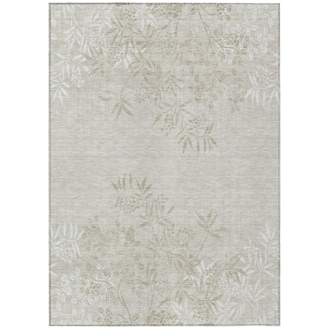 5' X 8' Beige Tan And Ivory Floral Washable Indoor Outdoor Area Rug