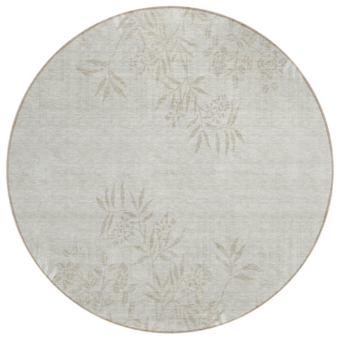 8' Beige Tan And Ivory Round Floral Washable Indoor Outdoor Area Rug
