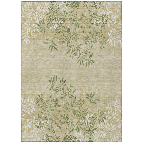 8' X 10' Khaki Ivory And Green Floral Washable Indoor Outdoor Area Rug