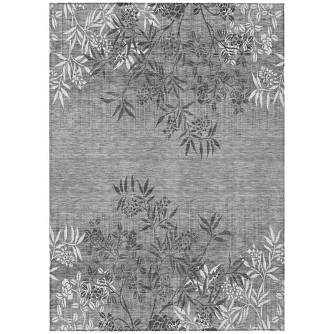 5' X 8' Gray Charcoal And Ivory Floral Washable Indoor Outdoor Area Rug