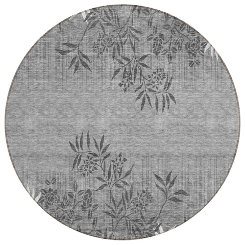 8' Gray Charcoal And Ivory Round Floral Washable Indoor Outdoor Area Rug