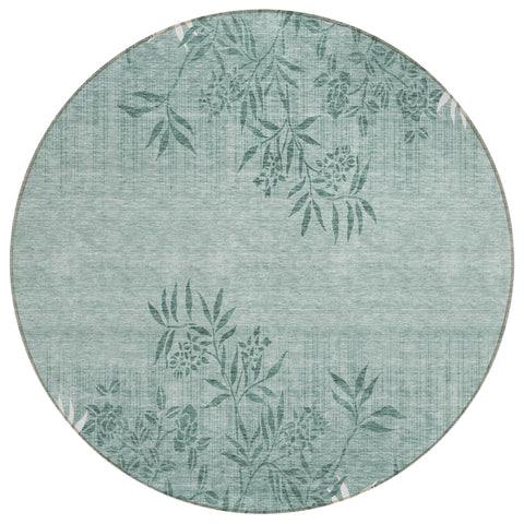 8' Sage Fern Green And Ivory Round Floral Washable Indoor Outdoor Area Rug