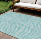 8' X 10' Teal Blue And Aqua Striped Washable Indoor Outdoor Area Rug
