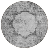 8' Gray Charcoal And Silver Round Oriental Washable Indoor Outdoor Area Rug