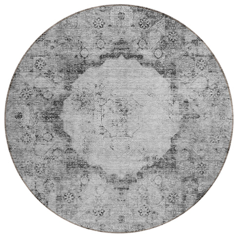 8' Gray Charcoal And Silver Round Oriental Washable Indoor Outdoor Area Rug
