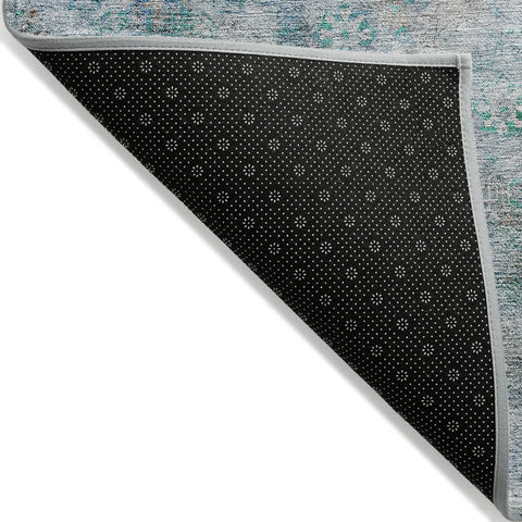 3' X 5' Teal Blue Aqua And Gray Oriental Washable Indoor Outdoor Area Rug