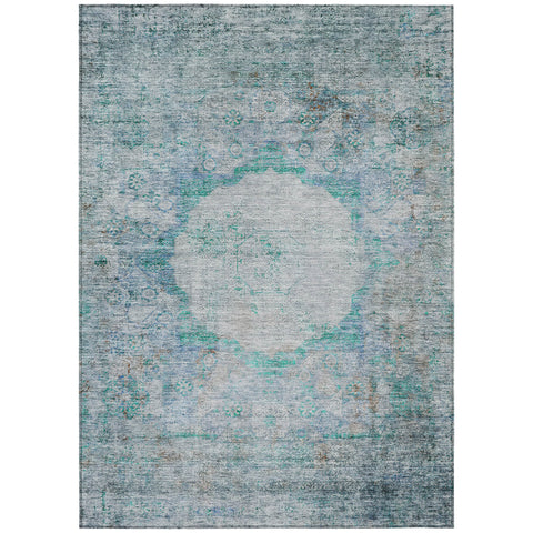 8' X 10' Teal Blue Aqua And Gray Oriental Washable Indoor Outdoor Area Rug