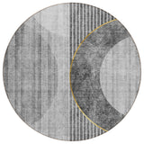 8' Charcoal Gray And Silver Round Geometric Washable Indoor Outdoor Area Rug