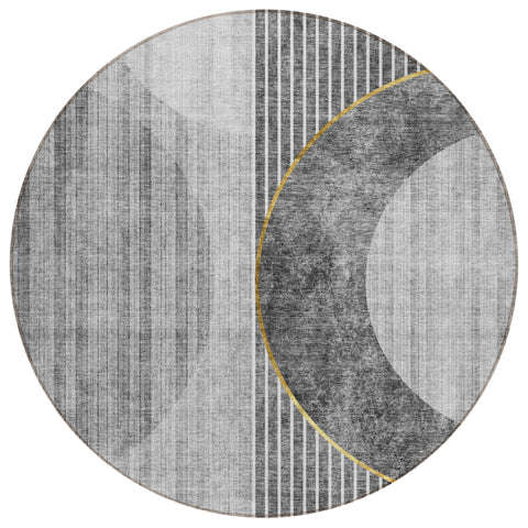 8' Charcoal Gray And Silver Round Geometric Washable Indoor Outdoor Area Rug