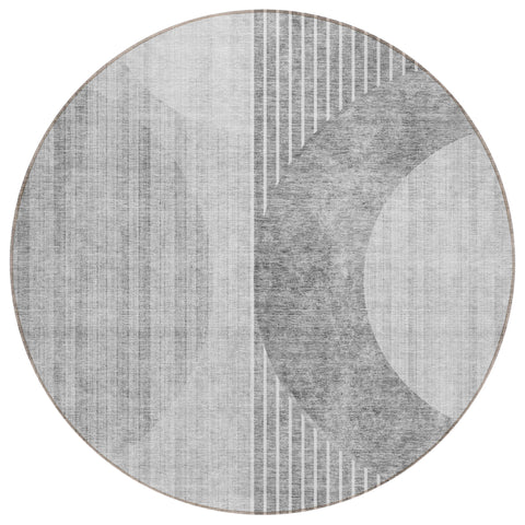 8' Gray Silver And Charcoal Round Geometric Washable Indoor Outdoor Area Rug