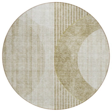 8' Taupe Beige And Tan Round Geometric Washable Indoor Outdoor Area Rug