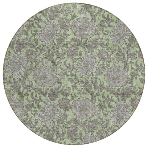 8' Artichoke Green Gray And Taupe Round Floral Washable Indoor Outdoor Area Rug