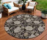 8' Black Taupe And Beige Round Floral Washable Indoor Outdoor Area Rug