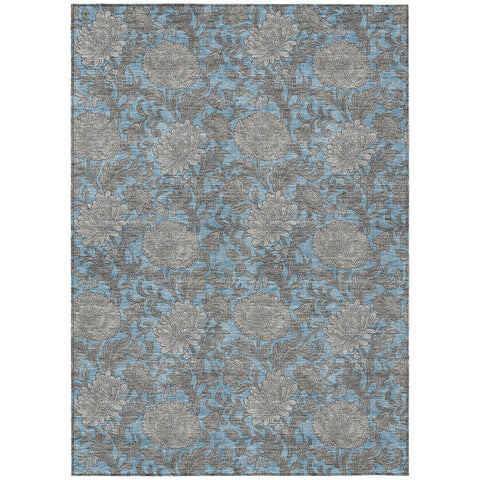 5' X 8' Blue Gray And Silver Floral Washable Indoor Outdoor Area Rug
