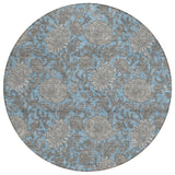 8' Blue Gray And Silver Round Floral Washable Indoor Outdoor Area Rug