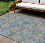 8' X 10' Blue Gray And Silver Floral Washable Indoor Outdoor Area Rug
