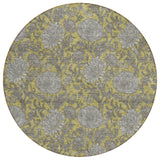8' Gold Gray And Charcoal Round Floral Washable Indoor Outdoor Area Rug