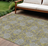 8' X 10' Gold Gray And Charcoal Floral Washable Indoor Outdoor Area Rug